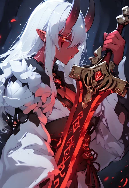 score_9, score_8_up, score_7_up, score_6_up, source_anime,
holding long sword, holding a runesword by the handle point the sword down,
BREAK
(Masterpiece), (expressive eyes), 1girl, 
Aka-Oni, oni, colored skin, (red_skin:1.3), straight horns, kimono,
<lora:MGE_V5.0:1.2> 
BREAK
erotic, ((sexy dynamic pose:1.3)),
18 years old, 
perfect quality, high quality, dynamic angle, dynamic pose, 
random emotion, perfect body, epic, 
BREAK
soft skin, soft skin, shining glossy skin, soft abs, slim waist, side view, 
cinematic, cinematic lighting, reflections, ultra hd, visual effects, graphic effects, ambient occlusion, raytracing, soft lighting, blum effect, 
masterpiece, particles, glow, shining, intricate cinematic background,
smooth style, 
<lora:inkxxmoStyleDark_v10:0.8>, 
hkhorror, 
<lora:HKHorrorPony:0.8>, RuneSwordPony, 
<lora:RuneSwordPony:0.6>,
fehdef, 
<lora:feh-style-richy-v1_pdxl:0.8>,