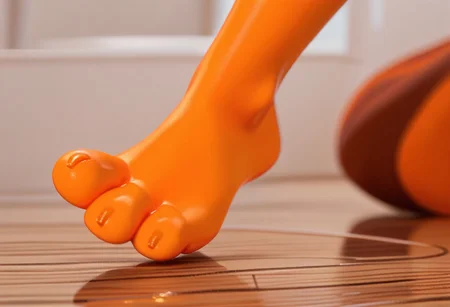 score_9, score_8_up, score_7_up, score_6_up, score_5_up, score_4_up, 1girl, furry female, kiff chatterley, orange squirrel, barefoot, orange feet, 3 toes, foot focus, close-up
