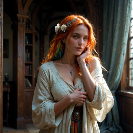 score_9, score_8_up, score_7_up, (masterpiece:1.5),(bestquality),highlydetailed,ultra-detailed,(1girl), 18 years old, (extremely beautiful), slim, 
female bard. medieval fantasy, rpg, colorful hair, flowers in hair, colorful clothing, (sexy legs), arched back, hand on neck, hand pulling on clothing, pleasure, wine, ((eye contact)), perfect eyes, eye contact,
v-neck, ((loose clothing)), (ornate clothing), lustful expression, flirting, desire, perfect figure, intimate, 
highly detailed skin, perfect hips, highly detailed skin, glistening skin, (undressing), closed curtains, sunrays, furniture
zPDXL2