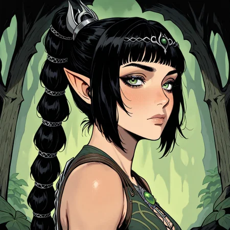 masterpiece, best quality, newest, absurdres, highres, FCMXV1.0, 1girl, shadowheart \(baldur's gate\), long braid, elf, pointy ears, black hair, braid, side bangs, green eyes,