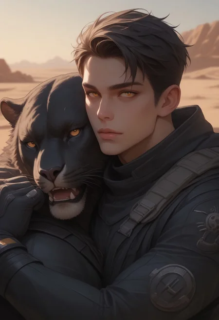 aaPO8bd,score_9,score_8_up,score_7_up,score_6_up,score_6_up,adult, 1man, hug, eye focus, yellow eyes, closed-up, open mouth, (panther), sci-fi bodysuits, aesthetic, sleep, rule of thirds, realistic, tongue, desert, dune, muscular