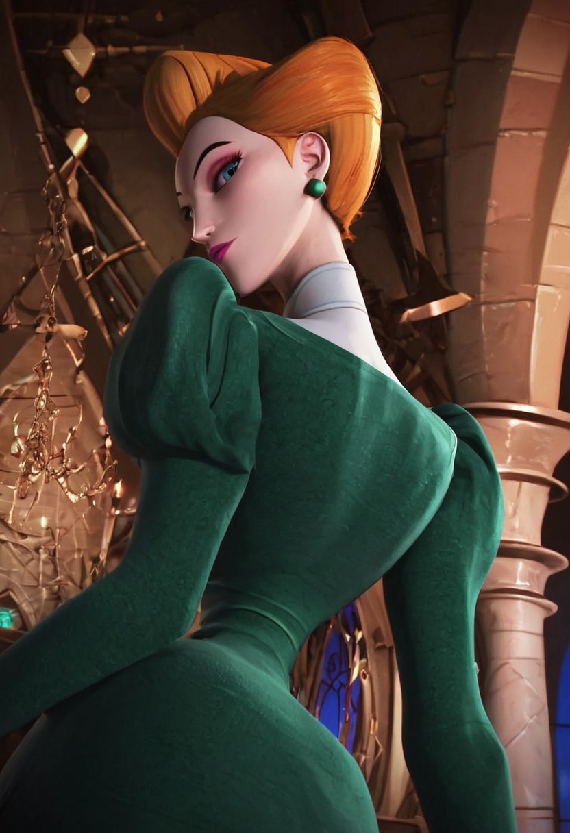 frieda (hna green dress), 1girl, redhead, orange hair, pompadour hair, makeup, makeup, lipstick, pink lips, blue eyes, jewelry, green earrings, thin body, choker, dress, green dress, white collar, score_8_up, score_7_up, BREAK, 1girl, solo, from behind, looking back, from below, low-angle shot, portrait, head tilt, looking at viewer, castle background, detailed background, 4k, masterpiece, best quality, highly detailed, realistic, 3d, Expressiveh