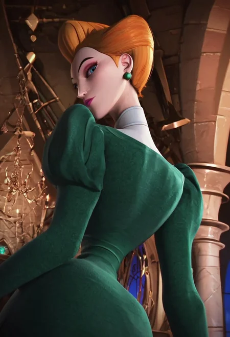 frieda (hna green dress), 1girl, redhead, orange hair, pompadour hair, makeup, makeup, lipstick, pink lips, blue eyes, jewelry, green earrings, thin body, choker, dress, green dress, white collar, score_8_up, score_7_up, BREAK, 1girl, solo, from behind, looking back, from below, low-angle shot, portrait, head tilt, looking at viewer, castle background, detailed background, 4k, masterpiece, best quality, highly detailed, realistic, 3d, Expressiveh