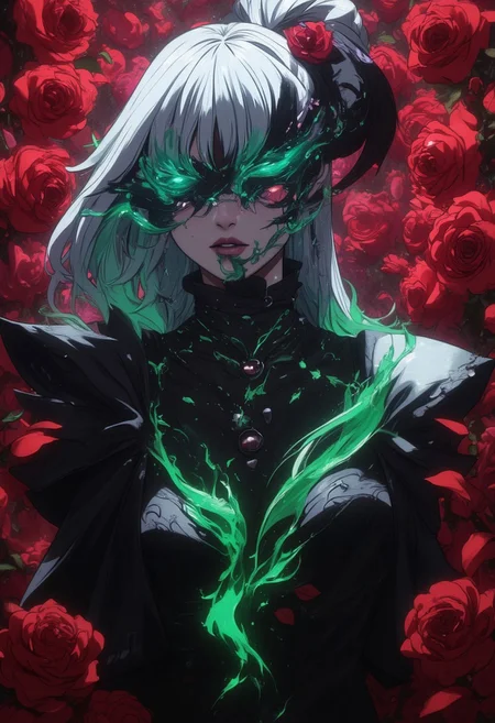 An Acrylic style painting that is expressive, gives it a dynamic and emotional quality. Anime art of a stylized portrait of a woman with a black and green mist over her eyes. The mist creates a dramatic and surreal effect. The woman has a cold aesthetic, complimented by her white hair. Anime art of woman draped in shadows with a lighting that enhances her unique features.
The background is bloodred, filled with red rose petals.