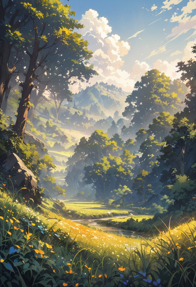 beautiful grain field, beautiful day, beautiful scenery, high quality, best aesthetics, masterpiece, illustrative details, anime illustration, digital art