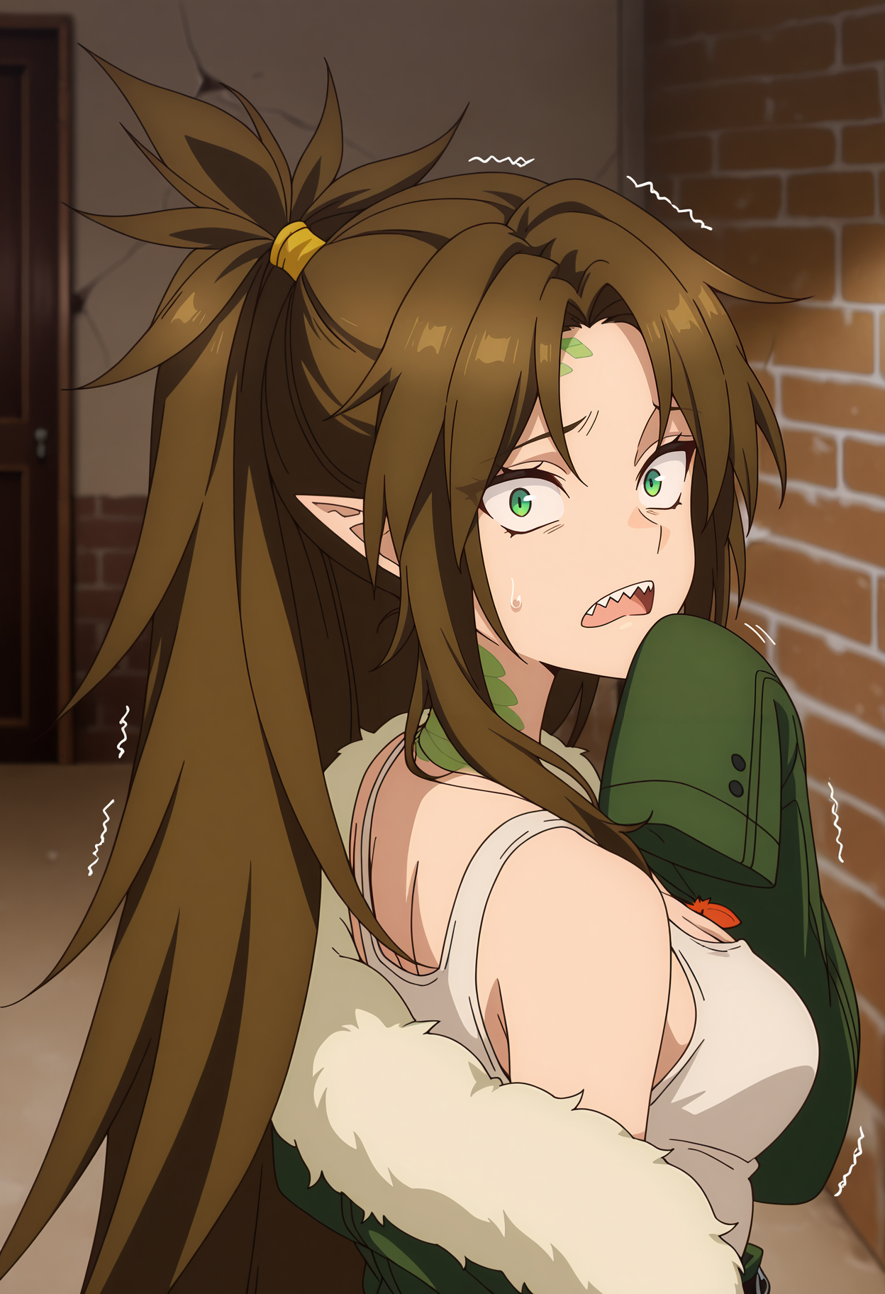 anime screencap, masterpiece, best quality,
<lora:YamiHealer_Zophia_IlluXL:0.9>,
1girl, solo, open mouth, sharp teeth, scared, sweatdrop, constricted pupils, trembling,
ponytail, parted bangs, long hair, brown hair, green eyes, pointy ears, lizard girl, scales,
off-shoulder jacket, fur-trimmed jacket, green jacket, white tank top, cleavage, medium breasts, pendant, sleeves past wrists,
black belt, belt buckle, torn jeans,
standing, upper body, from behind, looking at viewer, looking back,
indoors, brown background, crack, brick wall, photo background, blurry background