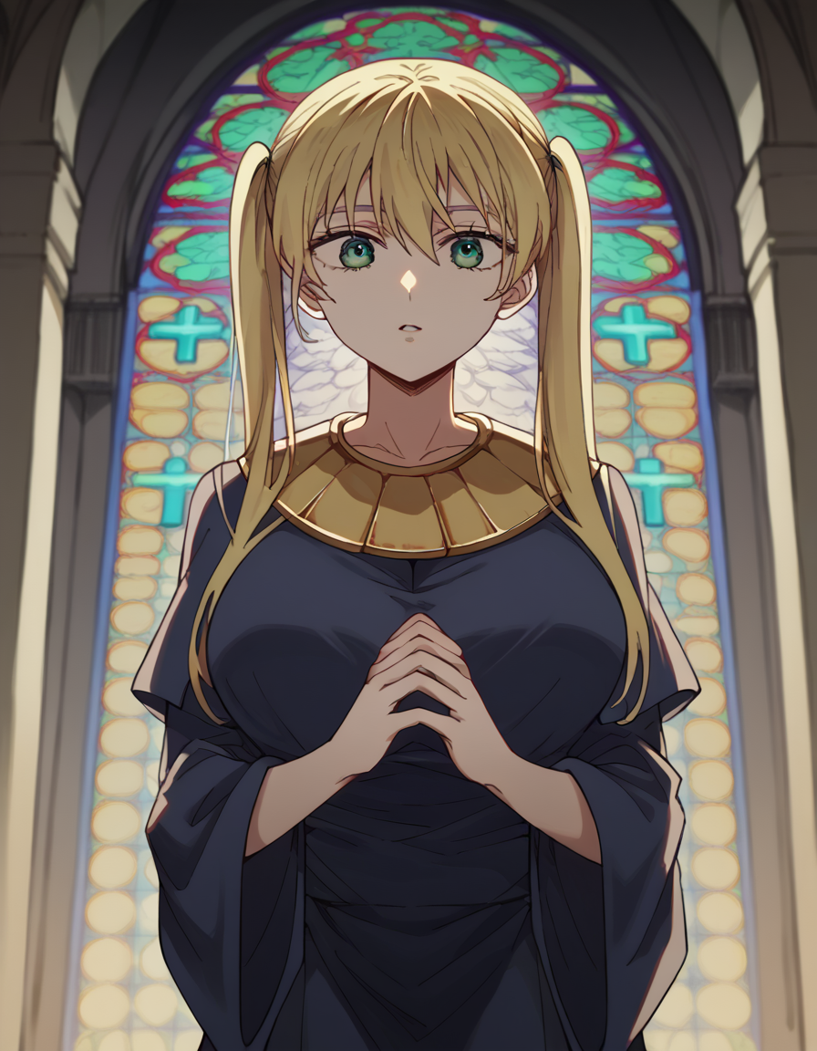 score_9, score_8_up, score_7_up, source_anime, <lora:rika-hoshizaki-s2-ponyxl-lora-nochekaiser:1>, rika hoshizaki, green eyes, blonde hair, twintails, large breasts,, <lora:buddhist-nun-ponyxl-lora-nochekaiser:1>, buddhist nun, nun, habit, vitakra mudra, mudra, coif, gold necklace, priestess,, church, parted lips, praying,, cowboy shot