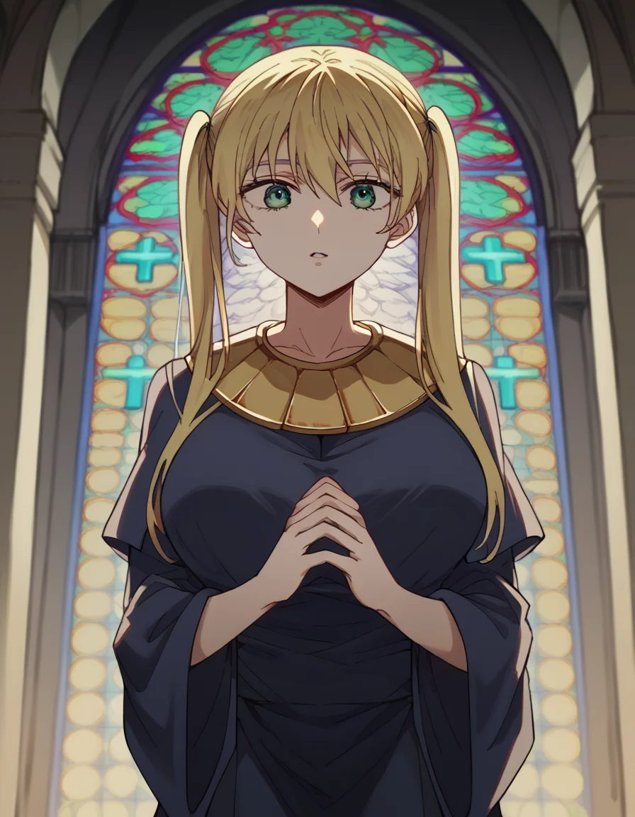 score_9, score_8_up, score_7_up, source_anime, <lora:rika-hoshizaki-s2-ponyxl-lora-nochekaiser:1>, rika hoshizaki, green eyes, blonde hair, twintails, large breasts,, <lora:buddhist-nun-ponyxl-lora-nochekaiser:1>, buddhist nun, nun, habit, vitakra mudra, mudra, coif, gold necklace, priestess,, church, parted lips, praying,, cowboy shot