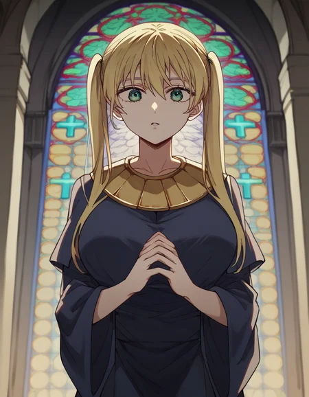 score_9, score_8_up, score_7_up, source_anime, <lora:rika-hoshizaki-s2-ponyxl-lora-nochekaiser:1>, rika hoshizaki, green eyes, blonde hair, twintails, large breasts,, <lora:buddhist-nun-ponyxl-lora-nochekaiser:1>, buddhist nun, nun, habit, vitakra mudra, mudra, coif, gold necklace, priestess,, church, parted lips, praying,, cowboy shot
