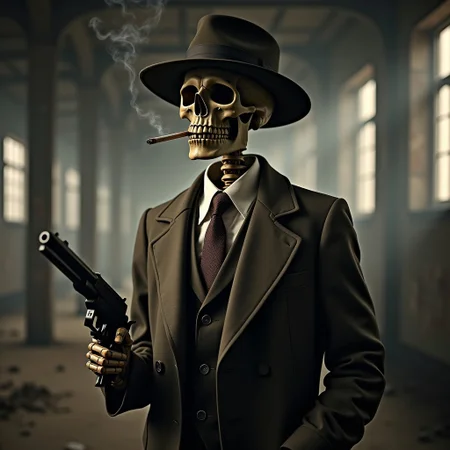 A skeleton wearing a 1920's trenchcoat, suit and tie, fedora hat, great depression vibes, holding a gun, smoking a cigarette, abandoned factory background, looking at viewer, masterpiece, 4k, highly detailed, best quality,