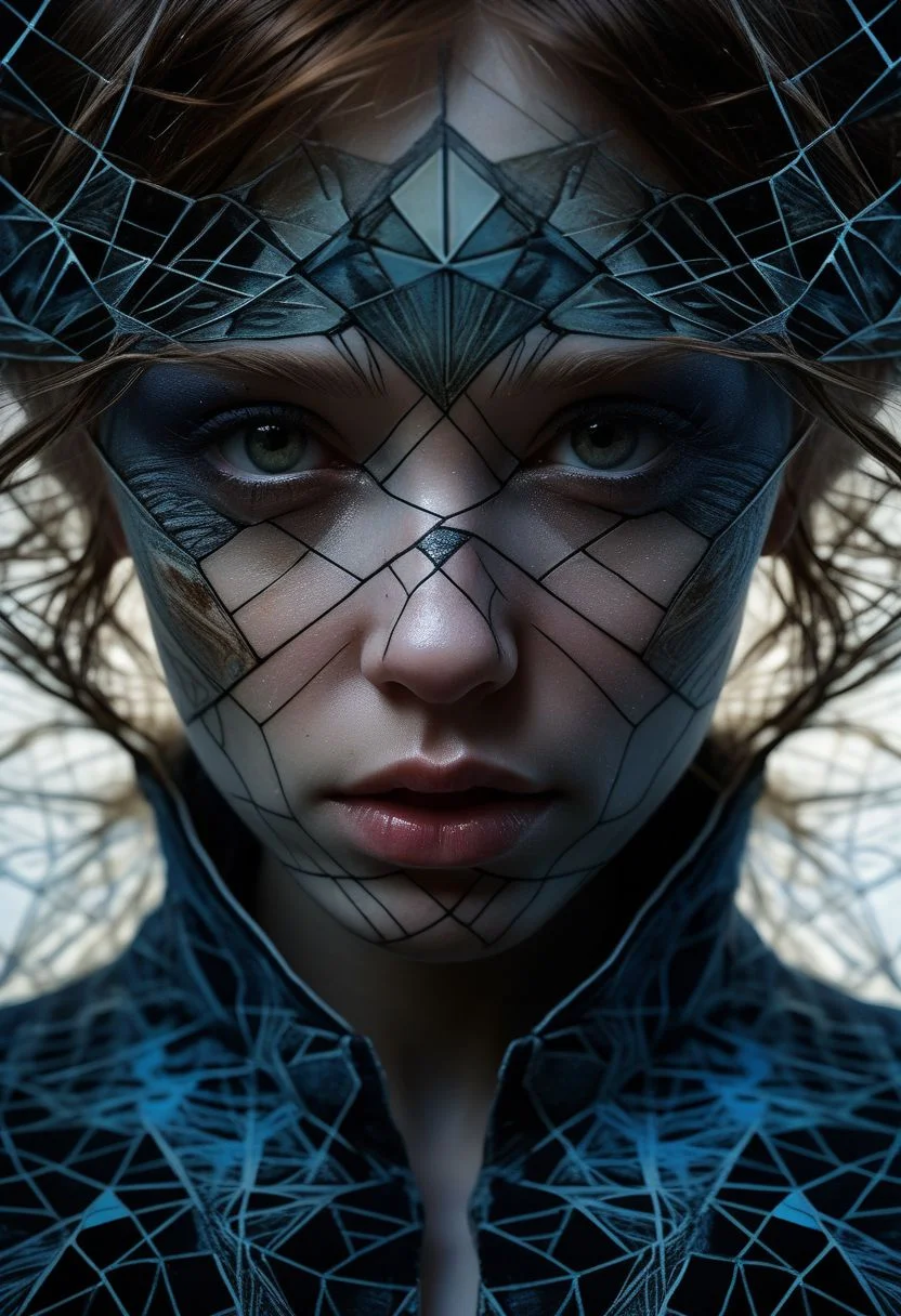 Close-up face, mysterious silhouette of a scottish girl in worn down clothing, goddess, alluring, by Minjae Lee, Carne Griffiths, Emily Kell, Steve McCurry, Geoffroy Thoorens, Aaron Horkey, Jordan Grimmer, Greg Rutkowski, amazing depth, double exposure, surreal, geometric patterns, intricately detailed, bokeh, perfect balanced, deep fine borders, artistic photorealism , smooth, great masterwork by Suiras <lora:add-detail-xl:2> <lora:Double_Exposure:0.5>