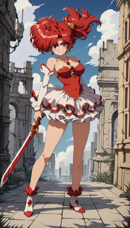 score_9,score_8_up,score_7_up,score_6_up,source_anime,<lora:Faux_Retro_XL:1>,1girl,petite,red hair,red eyes,beautiful_detailed_eyes,looking at viewer,magical girl,holding red sword,layered_dress,fluffy,multicolored clothes,arched back,blush,serious,glaring,pose,full body,red toeless footwear,bare shoulders,detached sleeves,necklace,pendant,stud earrings,city,ruins,large breasts,
