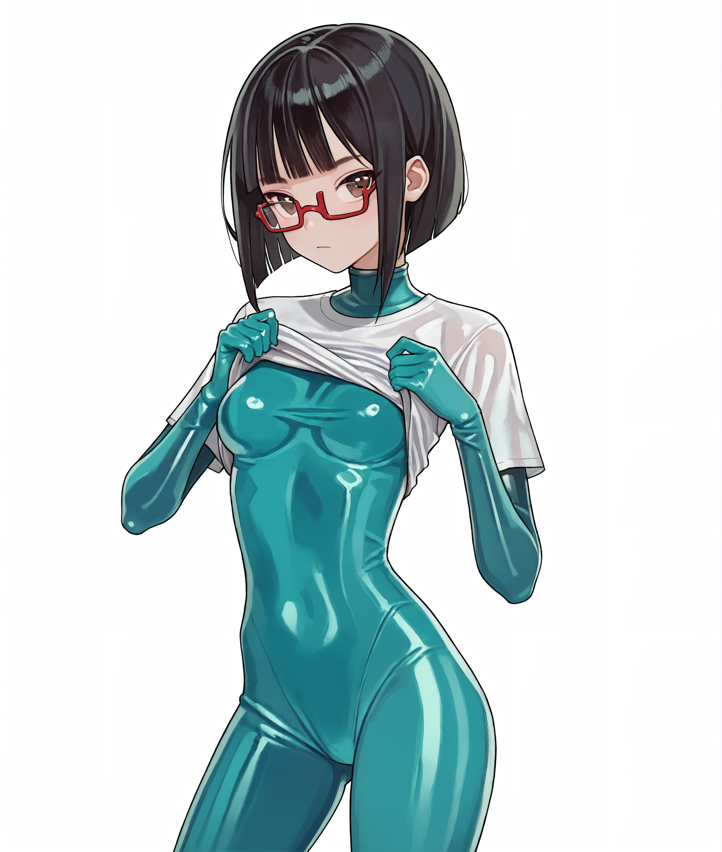 score_9, score_8_up, 1girl, solo,looking at viewer, dark turquoise latex bodysuit, brown eyes,  standing, black hair, blunt bangs, bob cut, medium breasts,  semi-rimless eyewear, red-framed eyewear, blunt ends, white background,white t-shirt,t-shirt lift, cowboy shot,shiny clothes, bodysuit under clothes,thick thighs,  <lora:Sal-000027:0.9>