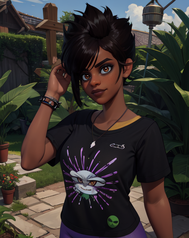 willow, black hair, brown eyes, spiked hair, 
black shirt, purple leggings,  bracelet,  green short sleeves, 
standing,   upper body,   smug,   light smile,  
giant backyard,  large plants, 
(insanely detailed, beautiful detailed face, beautiful detailed eyes, masterpiece, best quality)  solo,
 <lora:willow-10GD:0.7>