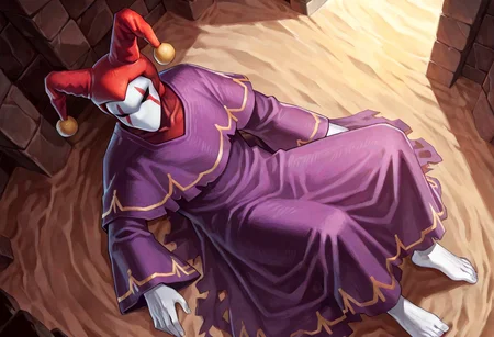 score_9,score_8,score_7,source_furry, (masterpiece, best quality, high quality:1.2), detailed hands,character focus, detailed skins, body blush, cinematic shadow, character focus, ultra detailed background,
dutch angle,
<solo:1.5>, <1boy:1.5>, (anime:3.5), (official:3.5), on back, reading manga, from above,
chariotsaga, 1boy, solo, male focus,
jester, red headwear, looking at viewer, white skin, jester cap, pom pom (clothes), (faceless mask:1.2), facepaint, hat, robe, purple robe, torn robes, long sleeves, wide sleeves, barefoot, light gray color nails,
ancient ruin background, indoor, dark orange stone wide rooms, torch wall, darkness, sand, desert,
