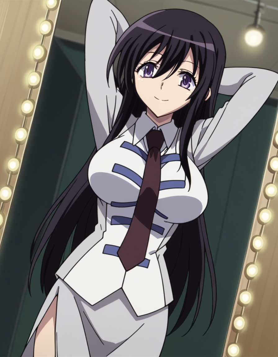 score_9, score_8_up, score_7_up, source_anime, <lora:kyouko-sonan-s1-ponyxl-lora-nochekaiser:1>, kyouko sonan, long hair, black hair, purple eyes, hair between eyes, sidelocks, anime screencap,, skirt, long sleeves, uniform, side slit, skirt suit, necktie, large breasts,, dressing room, mirror, lights, costumes, makeup, smile, hands behind head,, looking at viewer, solo,, dutch angle, cowboy shot