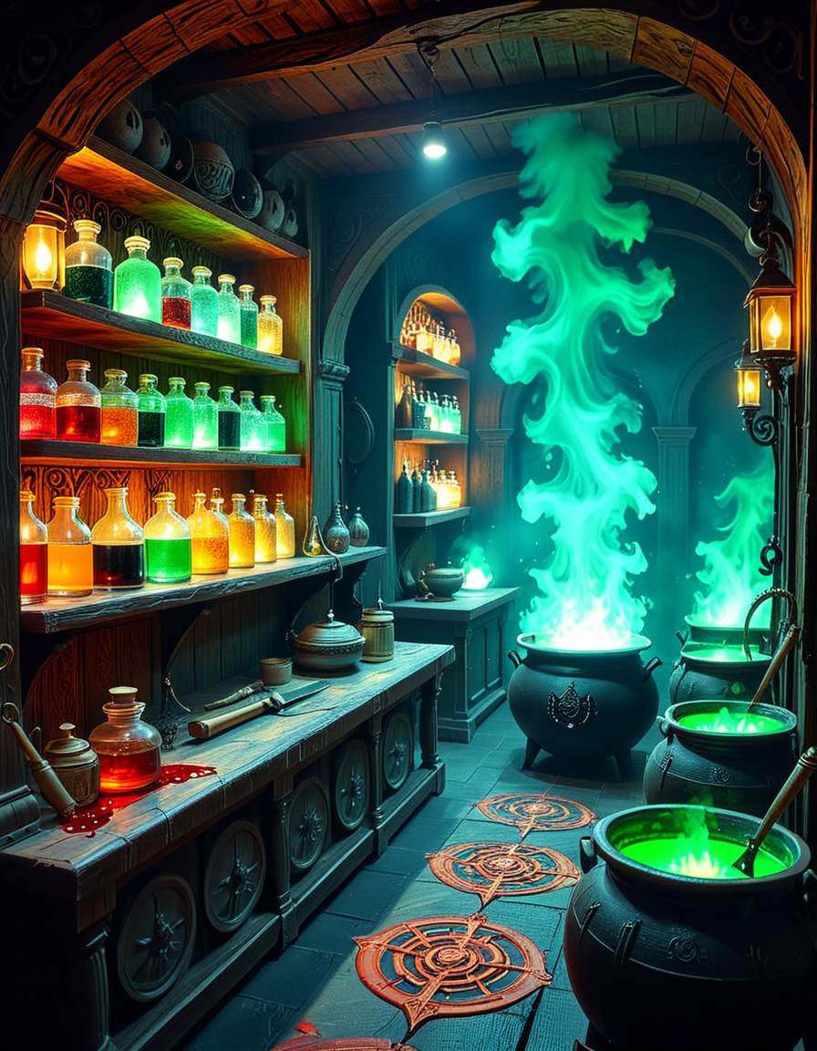 Hidden deep within the necromancerâs infernal domain lies a nightmarish kitchen, a grotesque fusion of alchemical laboratory and sacrificial chamber. The walls are carved from blackened bone and obsidian, pulsating faintly with necrotic energy. Faint green flames flicker in sconces made from twisted skeletal hands, casting eerie shadows across the macabre workspace. The air is thick with the scent of decay, ash, and something far worseâan indescribable aroma of corruption and dark magic.
At the center, a massive butcherâs table, scarred and stained with centuries of dried blood, serves as the primary workstation. Rusted, jagged knives, bone saws, and crude flesh-carving tools hang from hooks, their edges glistening with fresh remnants of something recently prepared. Nearby, grotesque cauldrons bubble with viscous, unnatural liquidsâblack ichor, boiling crimson blood, and glowing green elixirs swirl together, each concoction releasing haunting whispers as if infused with trapped souls.
Suspended from the ceiling, enormous iron hooks hold skinned carcassesâsome humanoid, others unrecognizable abominations stitched together from various creatures. Skeletal constructs, animated by unseen forces, mindlessly tend to the kitchen, stirring bubbling cauldrons and grinding unknown ingredients into fine powders using ancient, rune-etched mortars and pestles.
Along the walls, towering shelves hold disturbing "ingredients" sealed in glass jars: floating, disembodied eyes that track movement, severed hands that twitch sporadically, and writhing black worms that exude a thick, putrid slime. Bundles of dried, withered herbsâsome glowing faintly with infernal energyâhang from the rafters, alongside strips of preserved flesh, their origins best left unspoken.
In one corner, a massive, rune-inscribed oven burns with an unnatural, ghostly blue flame. The heat does not come from firewood but from the tormented souls bound within, their agonized wails fueling its endless infernal blaze. A massive iron cauldron sits atop a cracked stone hearth, where a thick, bubbling stew churnsâits surface occasionally breaking as something beneath struggles, clawing weakly before sinking back into the depths.
This is not a place for feastingâit is a workshop of the grotesque, where ingredients are harvested, flesh is repurposed, and the very essence of undeath is distilled into unholy nourishment. No living creature eats hereâonly the dead, the damned, and the things that should not be.
Style & Mood :
- Dark fantasy, gothic horror, necromantic aesthetics
- Cinematic, high-detail, eerie lighting
- Infernal atmosphere, filled with shadows, glowing green and crimson energy, and grotesque details
- Inspired by the works of ZdzisÅaw BeksiÅski, H.R. Giger, and dark medieval sorcery
<lora:SDXLFaeTastic2400:0.4> <lora:extremely_detailed:0.4> extremely detailed, <lora:mysterious_4lch3my_sh0p:1> mysterious 4lch3my sh0p <lora:nightmarish_k1tch3n:1>,nightmarish k1tch3n, Masterpiece,best quality,hi res,8k,hi res,8k,award winning,(sharp focus, intricate, highly detailed),