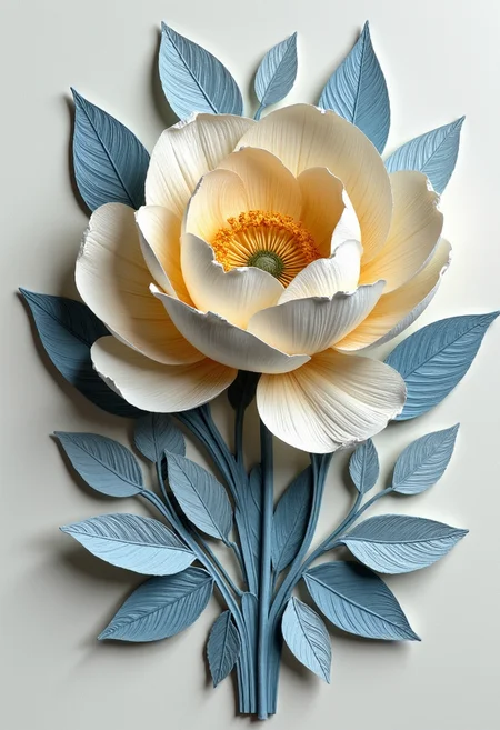 YFG-Pira, architecture, piranesi, Paper art collage, intricately crafted with layered petals and leaves in soft cream and dusty blue tones. Each element has fine, textured details that mimic natural veining, with delicate shadows cast between layers adding a subtle depth. The three-dimensional arrangement and clean, elegant lines give the piece a refined, sculptural quality, evoking a sense of calm and delicacy