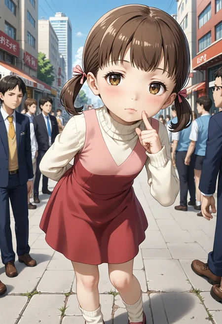 <lora:Hyper-SDXL-8steps-lora:1> <lora:Fixhands_anime_bdsqlsz_V1:1> zPDXL2, score_9, score_8_up, score_7_up, source_anime, intricate details, perfect anatomy BREAK
outdoors, city, tokyo, japan, audience, crowd, standing, hand on own chin, looking at viewer, leaning forward, arm behind back, index finger raised, Bored, A slack jaw, drooping eyelids, and a slightly uninterested gaze., 1girl, solo, solo focus, 
<lora:P4-doujima_nanako_XL(pony)v10:1> p4-nanako, brown hair, low twintail, brown eyes, p4-nanako outfit, pink dress, white sleeves, red skirt, white socks, red shoes,