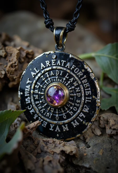 A magical dark obsidian amulet the size of a large coin, etched with glowing silver and gold runes in a spiral galaxy pattern. It features a deep violet starstone crystal at its center, flecked with golden sparks, set in a ring of phoenix-ash-infused gold. Faint green veins mark the edges, and it's hung on a black metal chain woven with mandrake root threads, exuding a calming herbal scent.