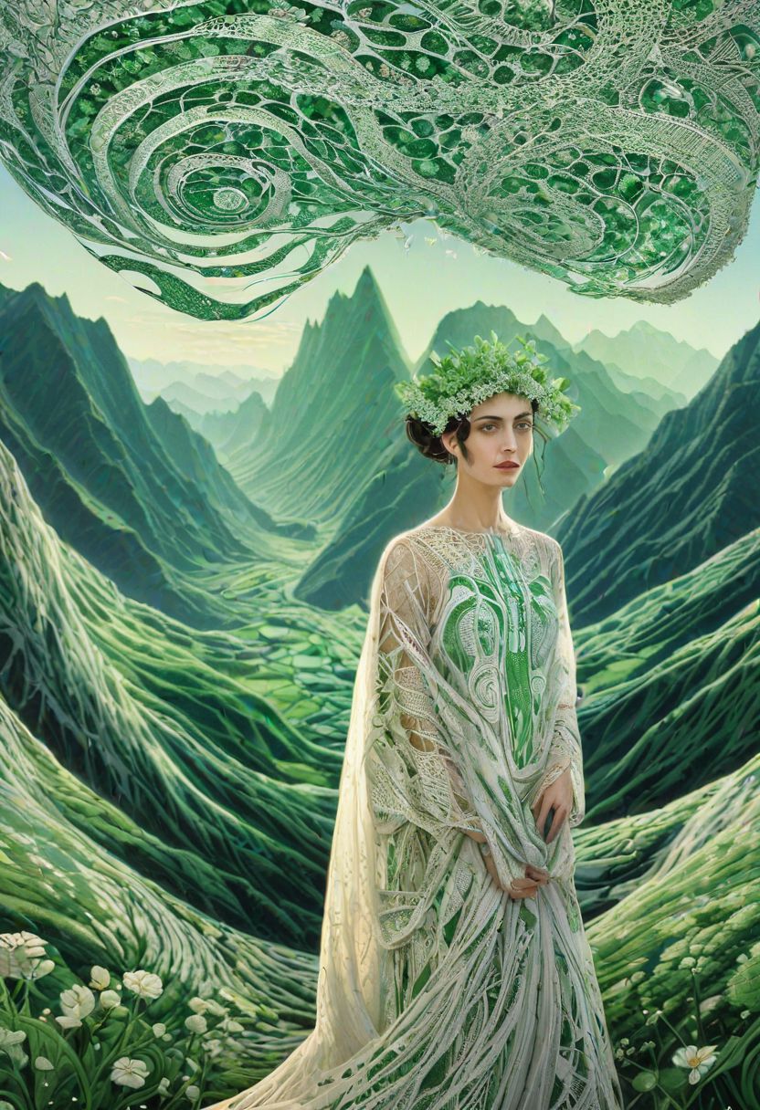 woman, standing, looking at viewer, mountains, wearing HUD_shmrck, made of delicate shamrock leaves intricately woven together,, creating a whimsical and ethereal look, highly detailed. Masterpiece, HD, 3D