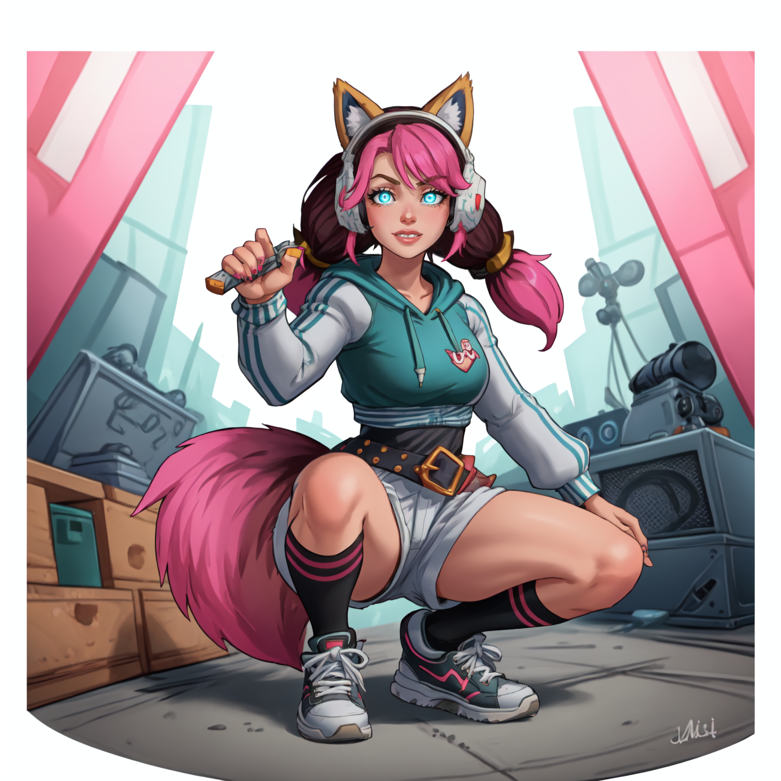 MaeveStreet,(( concert, concert stage )), 1girl, squatting, solo, long hair, animal ear headphones, long sleeves, striped sleeves, blue eyes, wolf tail, pink hair, looking at viewer, shorts, shoes, twintails, belt, socks,  hood, petite, black undershirt, fake animal ears, hoodie, headphones, sneakers, glowing eyes, two-tone hair, grey shorts, short shorts, (shorts rolled up),((holding, weapon, knife)),
<lora:MaeveStreet:0.7>