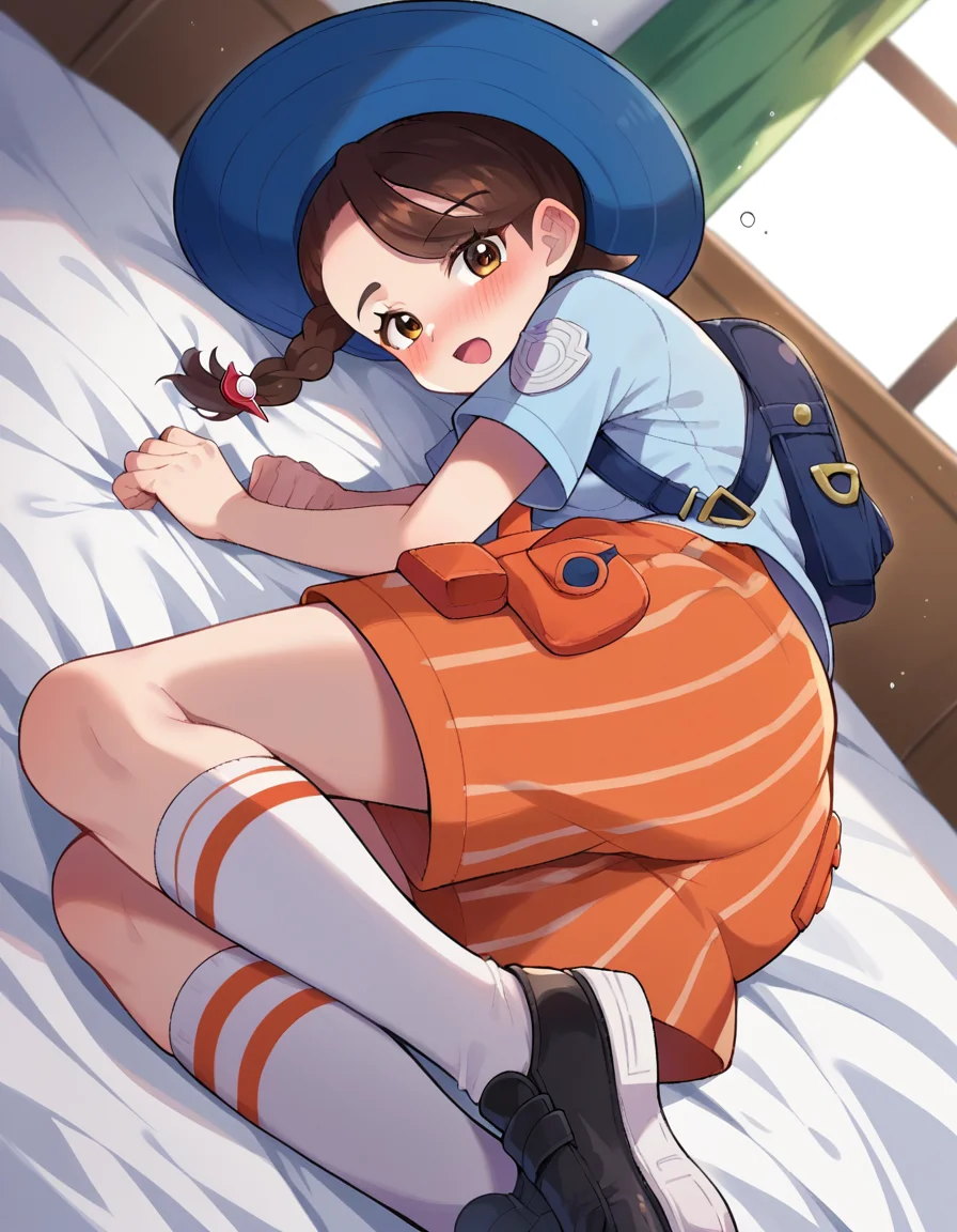 score_9, score_8_up, score_7_up, source_anime,
pokemonjuliana, <lora:pokemon-juliana-ponyxl-lora-nochekaiser:1>
pokemonjuliana, braid, brown eyes, brown hair, hair ornament, hairclip, side braid, single braid, swept bangs,
backpack, bag, black footwear, blue headwear, blue shirt, breast pocket, collared shirt, hat, kneehighs, naranja academy school uniform, necktie, orange necktie, orange shorts, pocket, school uniform, shirt, shoes, short sleeves, shorts, socks, striped, striped shorts, sun hat, white socks,
indoors, bed, bed room, on side, blush, drunk,
looking at viewer, cowboy shot, dutch angle,