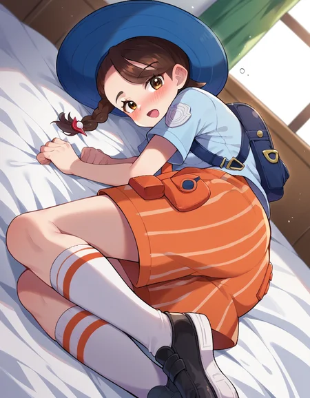 score_9, score_8_up, score_7_up, source_anime,
pokemonjuliana, <lora:pokemon-juliana-ponyxl-lora-nochekaiser:1>
pokemonjuliana, braid, brown eyes, brown hair, hair ornament, hairclip, side braid, single braid, swept bangs,
backpack, bag, black footwear, blue headwear, blue shirt, breast pocket, collared shirt, hat, kneehighs, naranja academy school uniform, necktie, orange necktie, orange shorts, pocket, school uniform, shirt, shoes, short sleeves, shorts, socks, striped, striped shorts, sun hat, white socks,
indoors, bed, bed room, on side, blush, drunk,
looking at viewer, cowboy shot, dutch angle,