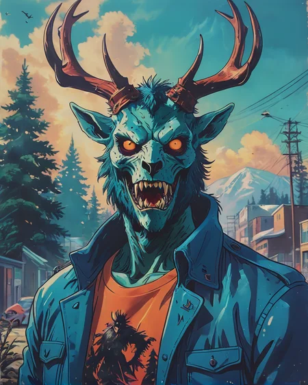breathtaking GTA-style artwork Wendigo . Satirical, exaggerated, pop art style, vibrant colors, iconic characters, action-packed <lora:Vintage_Anime:0.6> . award-winning, professional, highly detailed