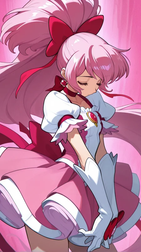 1girl, solo, long_hair, bangs, skirt, shirt, gloves, bow, jewelry, very_long_hair, closed_mouth, closed_eyes, ponytail, pink_hair, short_sleeves, hair_bow, choker, elbow_gloves, white_gloves, red_bow, magical_girl, pink_background, pink_skirt, pink_theme
