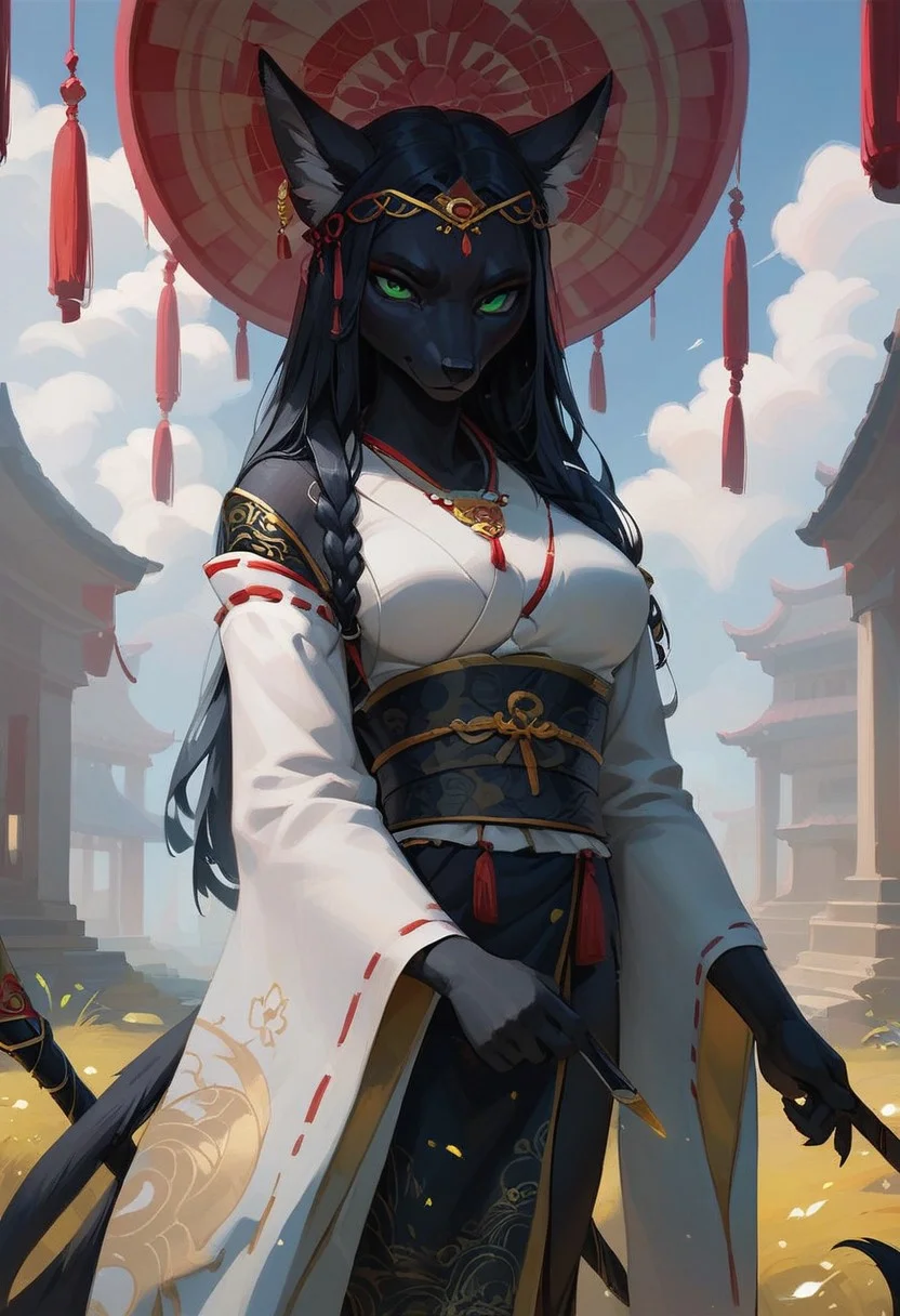score_9, score_8_up, score_7_up, (1girl), solo Black furry fox green eyes, dressed in a white and black men's kimono. The fur on the ears and tail is yellow (gold) at the very end. He stands with a staff in a fighting stance. a calm expression on his face. an abandoned Japanese temple. A bright day . Front flare lighting