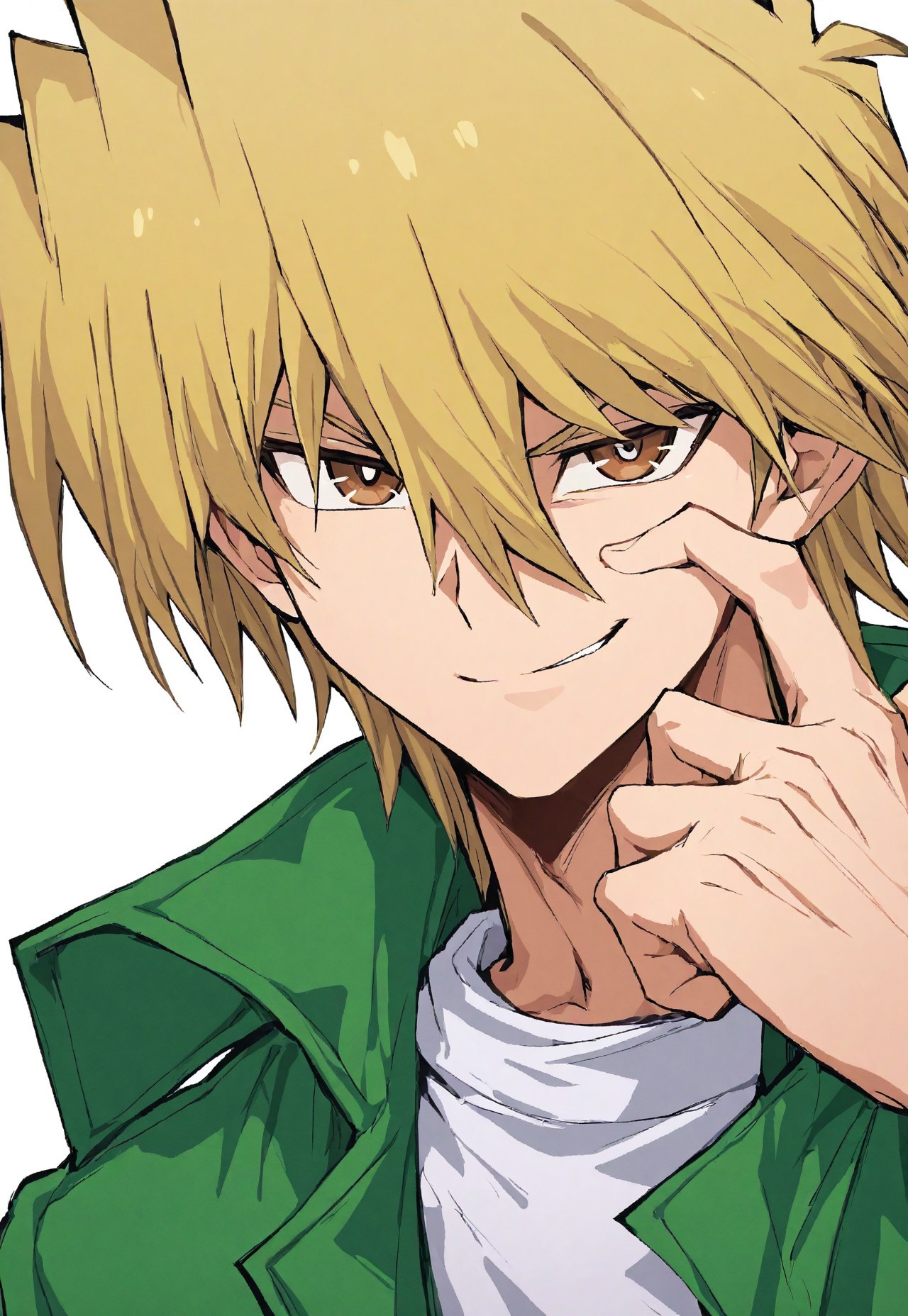 masterpiece, best quality, amazing quality, very aesthetic, absurdres, newest, detailed background, 1boy, solo, male focus, joeyWheeler, blonde hair, brown eyes, hair between eyes, bangs, green jacket, white shirt, close-up, smirk, simple background