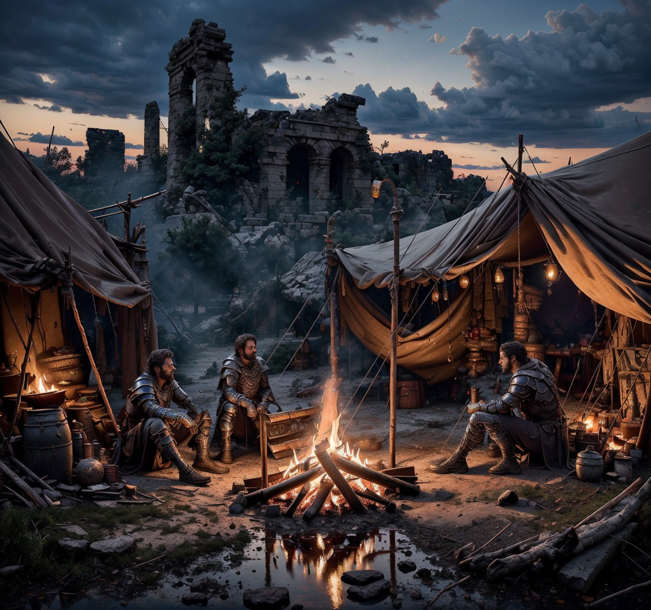 RAW photo, (masterpiece:1.3), subsurface scattering, heavy shadow, (high quality:1.4), (intricate, high detail:1.2), professional photography, HDR, High Dynamic Range, realistic, ultra realistic, photorealistic, high resolution, film photography, ambient lighting, atmospheric effects, <lora:detail_slider_v4:2>, OverallDetail,  <lora:Campsite:1>, 1boy, armor,  banner, barrel, book, burning, campfire, campsite, cloud, facial hair, fire, jewelry, nature, night, night sky, outdoors, river, ruins, scenery, sitting, sky, tent, tree