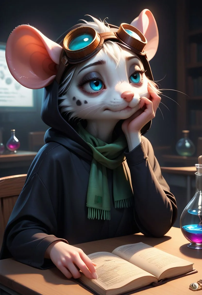 score_9, score_8_up, score_7_up, masterpiece, line art, portrait, anime, detailed, <lora:Expressive_H:0.45> Expressiveh, detailed background, concept art, source_anime, dark theme, low light, solo, anthro mouse girl, tiny, bags under eyes, mouse tail, cute, blue eyes, tired, lidded eyes, hooded, green scarf, goggles, laboratory background, black cloak, white spots on fur, black fur, bottomless, holding potion, seated at table, messy work desk, books, hand on face