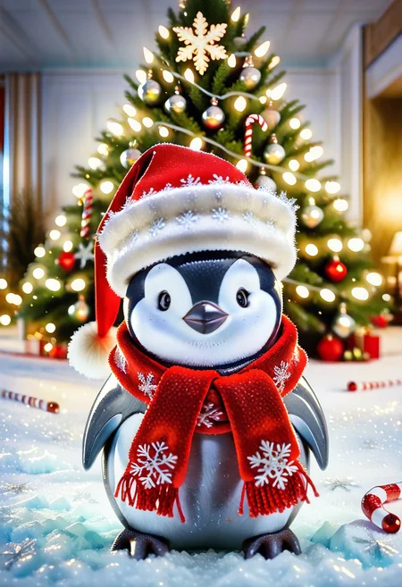 highly detailed, realistic, fine fabric detail, absurdres, highly-detailed, best quality, masterpiece, very aesthetic,, Animal Christmas, (Penguin in Santa hat, scarf, ice skating on ice ring), Christmas tree, snowflakes, holiday decorations, glowing lantern, candy cane, warm lights, ice backdrop, polar night, cheerful mood, no humans