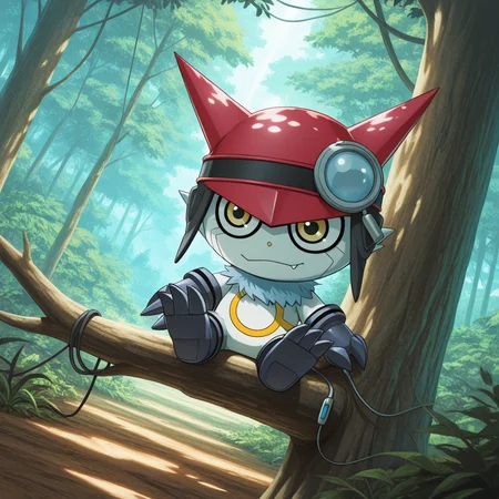 masterpiece, best quality, amazing quality, colorful,<lora:gatchmon-v1-000012:1> d-gatchmon, 1other, chibi, digimon \(creature\), no humans, ((wire)), ((3digits)), dutch angle, outdoors, nature, on tree, sitting, dappled sunlight,