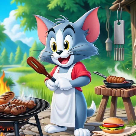 (Tom & jerry),Cartoon (Tom:1.35) cat casual dresses, grilling kebab, dirty shirt, thick red fur, nature
