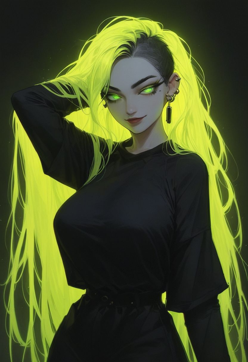 score_9, score_8_up, score_7_up, masterpiece, best quality, highly detailed, 1girl, pale skin, green eyes, thick black eyelashes, black eyeliner, dark eyeshadow, neon green hair, long hair, big loose curls, big breasts, oversized black t-shirt, ear piercings, looking at the viewer, bedroom eyes, seductive smile, g0thicPXL, glowing hair, glowing eyes, neon, arm behind head, arched back, dark background, cowboy shot, thick white character outline