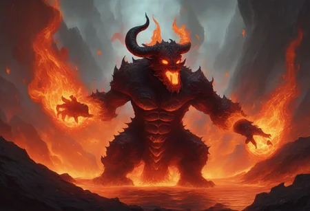 ferrous fire breathing, ghoulish, ghastly horned elemental in a hellish fiery lava filled environment. decimating everything in rage all around it. A lone wizard figure using magic to manipulate water to extinguish fires. OverallDetailXL