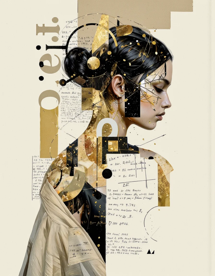 By Tom Nulens. A digital illustration shoot from a profile camera angle about a double exposure portrait of a woman with abstract technology elements and text. the image also shows a woman in the middle of the image, who appears to be a young woman with dark hair styled in a bun, and is facing the viewer with her eyes closed. she has a serene expression and is wearing a beige cape that is partially open, revealing her upper body. the background is a gradient of beige and black, with a mix of light and dark tones. on the left side of the woman, there is a text overlay that reads "o.e.t." and on the right side, there are various mathematical equations and symbols that appear to be made up of black and gold elements. the woman's hair is styled in an updo, and her face is adorned with gold and black geometric patterns. the overall effect is a striking digital art piece with a focus on technology and abstract elements. <lora:Tom_Nulens:0.8045440673828125>