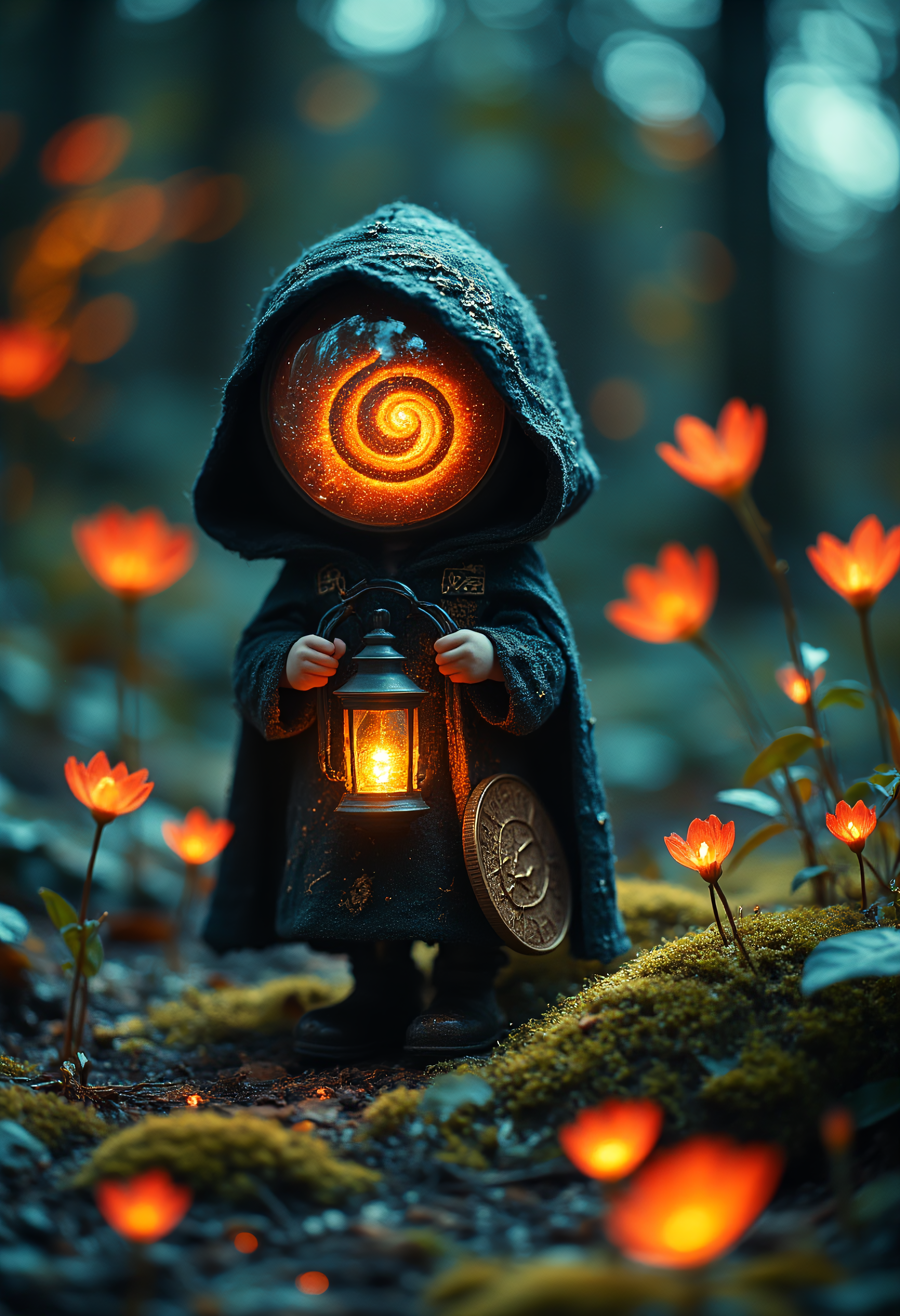 A stunning macro image of a tiny hooded figure with glass mask that reflects a glowing orange spiral galaxy, carrying an ancient, rune-inscribed lantern no bigger than a coin. The lantern emits a warm, golden glow, illuminating the delicate details of the figureâs cloak, embroidered with silver thread in the shape of constellations. The tiny footprints left behind shimmer briefly before vanishing into the soft moss. The background is a blur of glowing fairy lights and enchanted leaves, swaying as if whispering secrets in the wind.  Ground is scattered with colorful red/yellow/blue glowing flowers.  Vibrant glow. Night scene.