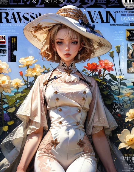 score_9, score_8_up, score_7_up, score_6_up, score_5_up, score_4_up, (erotic_book, magazine cover, cover page), perfect female body, narrow waist, perfect curves, (naval warship at sea), 1girl, looking at viewer, (intricate detail, sexy, cool, alluring, erotic), parted lips, white parade uniform, white pants, uniform, captain hat, short blonde hair