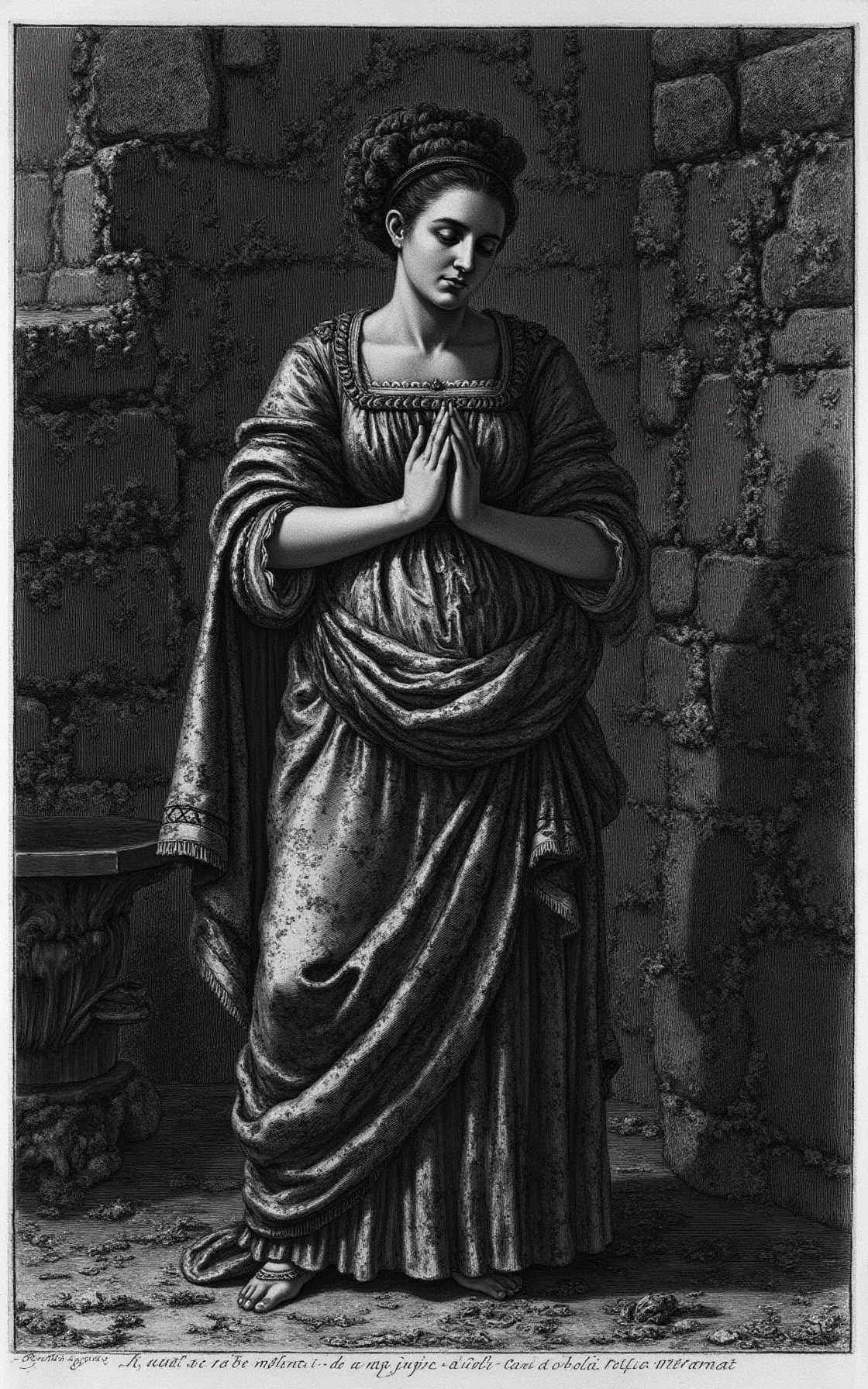 YFG-Pira, A deeply distressed woman with worn, rumpled 18th century attire and a worn velvet cloak over her shoulder, stands in front of a dimly lit stone wall, looking down at her hands clasped together in contemplation, her facial expression a mixture of sadness and introspection, rendered in the style of Giovanni Battista Piranesi's etchings with bold lines, deep shadows, and subtle texture, viewed from a slightly low angle to emphasize her emotional state.