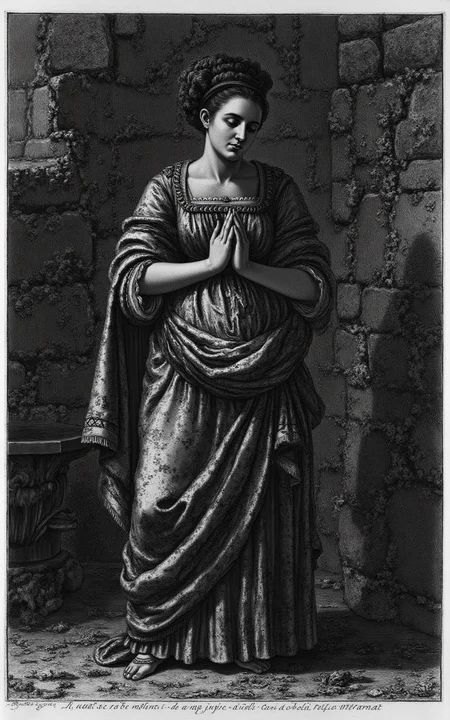 YFG-Pira, A deeply distressed woman with worn, rumpled 18th century attire and a worn velvet cloak over her shoulder, stands in front of a dimly lit stone wall, looking down at her hands clasped together in contemplation, her facial expression a mixture of sadness and introspection, rendered in the style of Giovanni Battista Piranesi's etchings with bold lines, deep shadows, and subtle texture, viewed from a slightly low angle to emphasize her emotional state.
