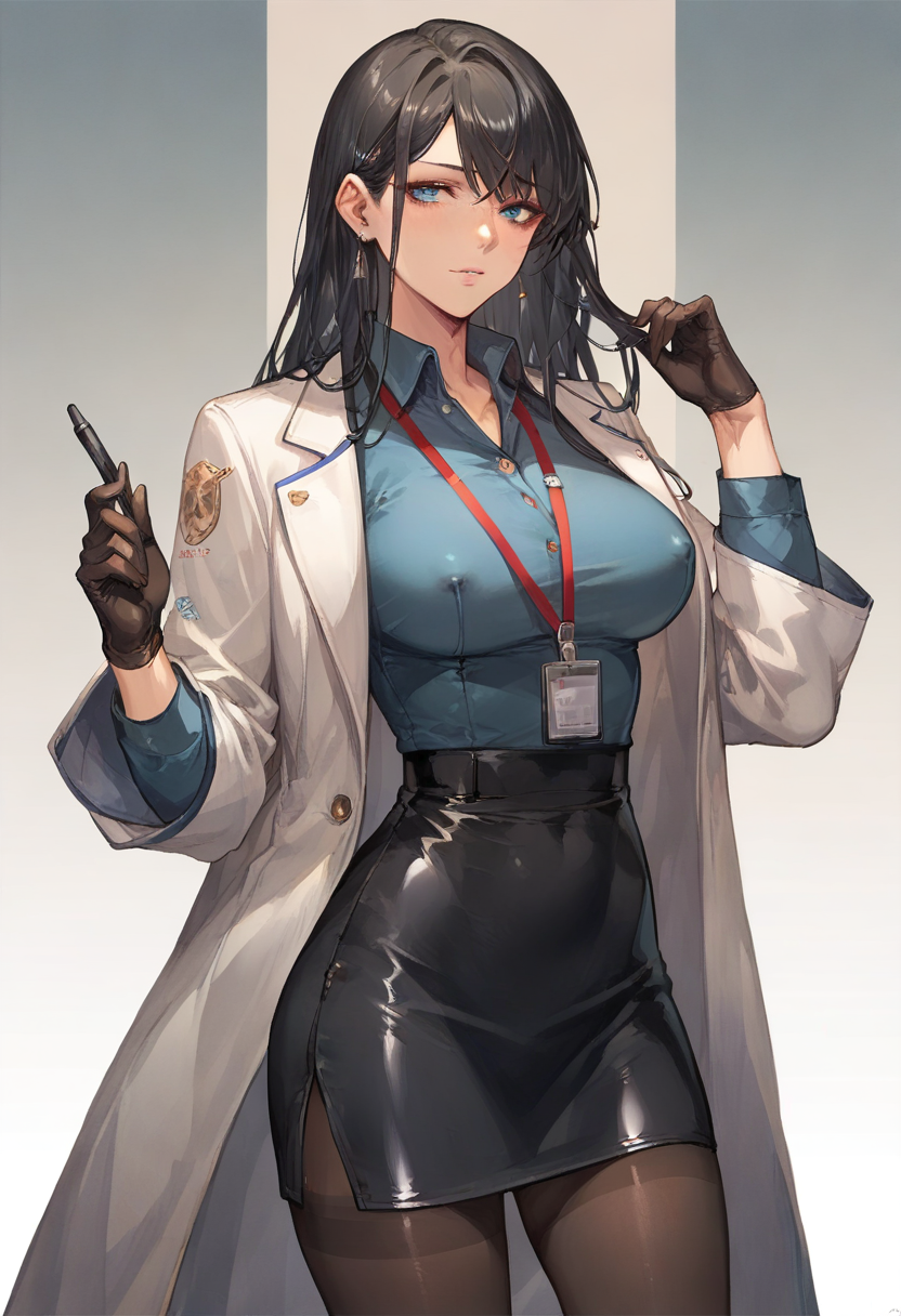 1girl, cowboy shot,  black hair, long straight hair, side bangs, blue eyes, white lab coat, blue collared shirt, unbuttoned, black pencil skirt, black thighband pantyhose, lanyard, black gloves,  long eyelashes, (lips:0.75),  covered nipples,  (shiny skin:1.15), (score_9, score_8_up, score_7_up:1.3), 4k, very aesthetic