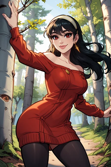 (1girl:1.3), (solo:1.2), curvy, (masterpiece:1.2), (best quality:1.2), (dynamic pose:1.4), (happy:1.2), smile, (closed mouth:1.2)
<lora:BlushySpicy [MockAi - v1.0]:0.8> blushyspicy, thick lineart, cute, pinup, vibrant colors, (large breasts:1.4), (cowboy shot:1.2), <lora:Yor Briar [h_madoka - v1.0]:0.8> bbyorf, long hair, white hairband, red eyes, gold earrings, large breasts, jewelry, off shoulder, red sweater, sweater dress, long sleeves, black pantyhose, (inside forest:1.3), (birch trees:1.2), daylight, light coming through trees,