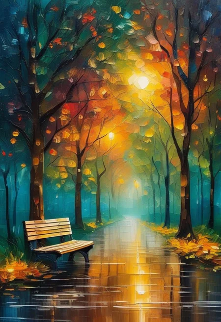 Masterpiece, mix of paper quilling and oil painting in the style of Leonid Afremov. Highly detailed illustration of a close up on a green bench in a park on a rainy november night.