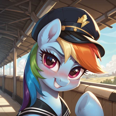 score_9, score_8_up, score_7_up, score_6_up, score_5_up, score_4_up, my little pony, solo, pony, feral pony, rainbow dash, black sailor hat, black sailor coat, train station, blushing, smile, drunk, look at you, beautiful, detailed, (detailed cute pony face), detailed fur, beautiful, vector, flat colors, (beautiful long eyelashes), ((close-up)), high angle