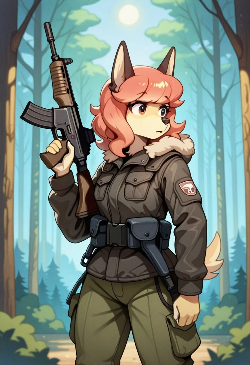 solo. furry,
flam_kish, kemono, furry female, animal ears, dog ears, dog tail,
black down jacket, fur hood,
forest background, morning,
assault rifle, holding assault rifle,
looking aside, focused