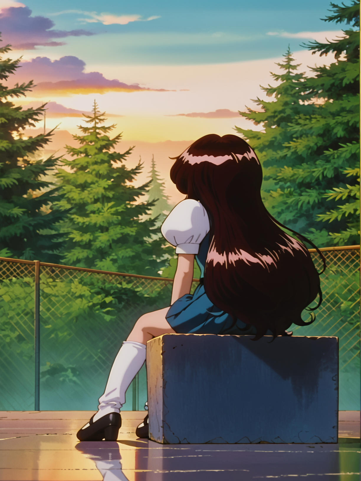 score_9, score_8_up, score_7_up, 1girl, solo, source_anime, anime_screencap, pkmGiselle, long hair, very long hair, big hair, puffy sleeves, short sleeves, mary janes, shoes, socks, <lora:pkmGiselle:1> from behind, outside, sitting,